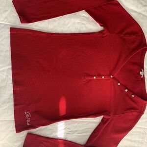 Guess Ribbed Henley V Neck Long Sleeve Top - S